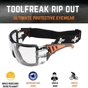 ToolFreak Rip Out Safety Glasses - Clear - Polycarbonate Lens z87.1 Rated Protection - Foam Padding & Adjustable Strap - Impact Resistanance & Distortion-Free Lenses (Microfibre Case)