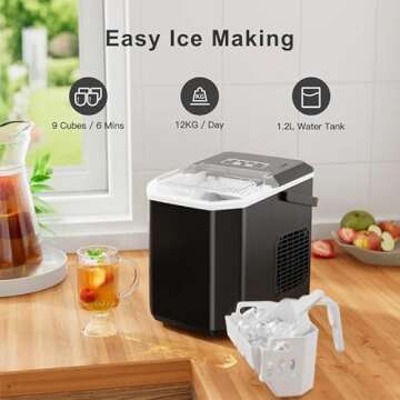 Ice Maker Countertop, Portable Ice Machine with Carry Handle, Self-Cleaning Ice Makers with Basket and Scoop, 9 Cubes in 6 Mins, 26 lbs per Day, Ideal for Home, Kitchen, Camping, RV, Black