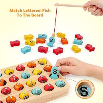 Coogam Wooden Magnetic Fishing Game, Fine Motor Skill Toy ABC Alphabet Color Sorting Puzzle, Montessori Letters Cognition Preschool Gift for Years Old Kid Early Learning with 2 Pole