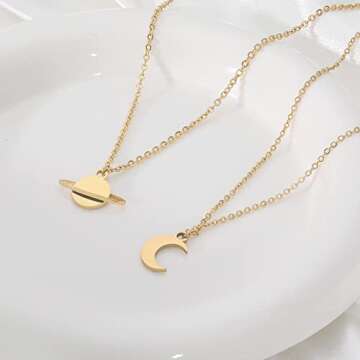 Holy rose 2 pcs Moon Star Saturn Necklace Music Lover Gift Singer Gifts Singer Song Inspired Fans Gift(gold)