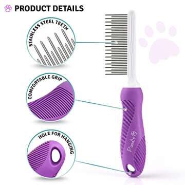 Poodle Pet Detangling Pet Comb with Long & Short Stainless Steel Teeth for Removing Matted Fur, Knots & Tangles – Detangler Tool Accessories for Safe & Gentle DIY Dog & Cat Grooming