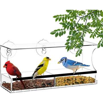 Clear Window Bird Feeder for Outside - Window Bird Feeders with Strong Suction Cups, Transparent Bird House, Balcony Glass Mount, Acrylic Cat, Kids & Elderly Viewing Clear Bird Feeder for Window Perch