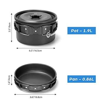 Odoland 15pcs Camping Cookware Mess Kit, Non-Stick Lightweight Pot Pan Kettle Set with Stainless Steel Cups Plates Forks Knives Spoons for Camping, Backpacking, Outdoor Cooking and Picnic