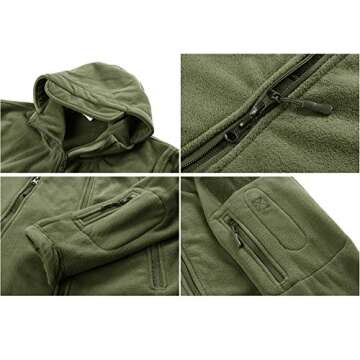 CRYSULLY Mans Army Multi-Pocket Full Zip Outerdoor Tactical Jackets Warm Hoodie Parka Jacket Green