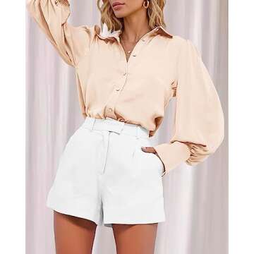 BTFBM Women Satin Button Down Shirts Summer Fall Lantern Long Sleeve Lapel V Neck Blouse Loose Casual Office Work Tops(Solid Beige, Large)