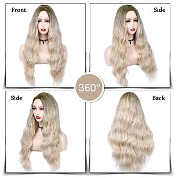 Hanne Fashion Ombre Wig Long Wavy Synthetic Wigs Brown to Ash Blonde Loose Wave Middle Part Daily Wig Heat Resistant Fiber Party Cosplay Full Wig for Women