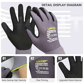 LOCCEF MicroFoam Nitrile Coated Work Gloves - 6 Pairs, Gray, Size 8/M