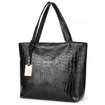 Cyber Sale Monday Deals Womens Crocodile Large Tote Handbag Purse Shoulder Bag (Black)