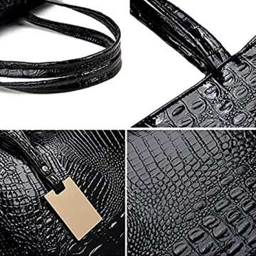 Cyber Sale Monday Deals Womens Crocodile Large Tote Handbag Purse Shoulder Bag (Black)