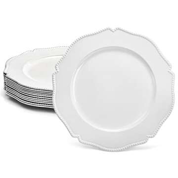 Foraineam 12 Pack White Charger Plates with Beaded Rim, 13 Inch Round Plastic Dinner Chargers, Scalloped Serving Plates for Table Settings Wedding Party Catering Event Decoration