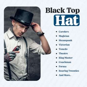 Funny Party Hats Black Top Hat - Victorian Hat for Men - Felt Tuxedo Costume Hat - Coachman Hat - Dress Up Hat