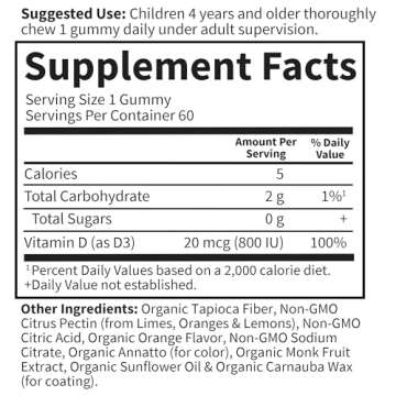 Garden of Life Kids Organic Vitamin D3 Gummies with 800 IU (100% Daily Value) for Strong Bones, Teeth, Brain & Immunity