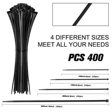 Cable Zip Ties,400 Pack Black Assorted Sizes 12+8+6+4 Inch,Multi-Purpose Self-Locking Nylon Cable Cord Management ,Plastic Wire Ties for Home,Office,Garden,Workshop. By HAVE ME TD