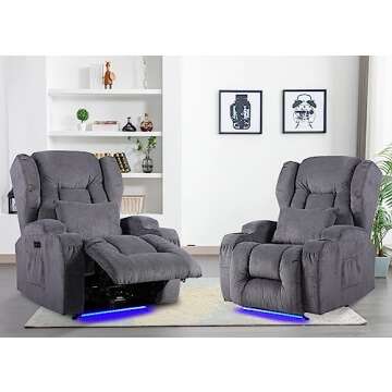 Oprisen Home Theater Seating Power Recliner Chair Set of 2 w/Heat Massage Fabric Overstuffed Movie Gaming Sofa Reclining Chair with LED Light/Lumbar Pillow/USB Port/Cup Holders/Pockets (2 PC, Gray)