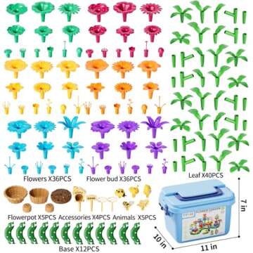 TEMI 138 PCS Flower Garden Building Toys for Girls Toys, Educational STEM Toy and Preschool Garden Play Set for Toddlers 3 4 5 6 7 8 Year Old Kids Boys Girls, Flower Stacking Toys for Kids Age 3-6