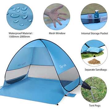 Glymnis Beach Pop-Up Tent, Blue, UPF 50+ Sun Protection, Water-Resistant, 65"L x 51"W x 60"H, Fiberglass Frame, For Beach & Outdoor Activities