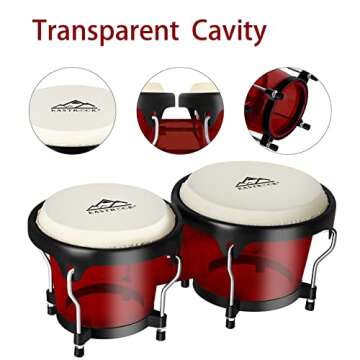 EastRock Bongo Drums 6” and 7” Set for Kids Adults Beginners Professionals Transparent Cavity and Metal Bongos Drum Percussion Instruments with Tuning Wrench (Red 6”+7” Bongos)