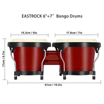 EastRock Bongo Drums 6” and 7” Set for Kids Adults Beginners Professionals Transparent Cavity and Metal Bongos Drum Percussion Instruments with Tuning Wrench (Red 6”+7” Bongos)