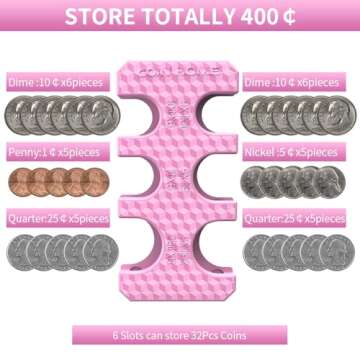 Coin Holder for Car, Silicone Coin Organizer Change Holder for Car, Portable Storage 32 Coins Include Penny, Nickel, Dime and Quarter, Pink