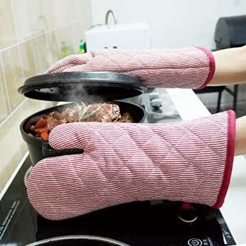 1 Pair Yarn Dyed Oven Mitts 100% Cotton Heat Resistant 470 Degree Gloves Men Women Cooking Baking Barbecue BBQ Microwave Crafting Machine Washable Pot Holders Mittens (red2)