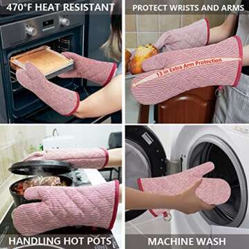 1 Pair Yarn Dyed Oven Mitts 100% Cotton Heat Resistant 470 Degree Gloves Men Women Cooking Baking Barbecue BBQ Microwave Crafting Machine Washable Pot Holders Mittens (red2)