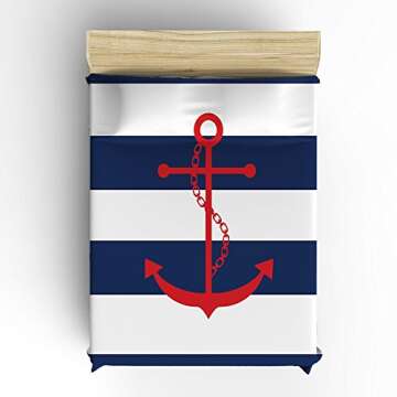 Prime Leader 4 Pcs Bedding Set-Nautical Red Anchor Navy Blue and White Stripe Duvet Cover Set Ultra Soft and Easy Care Sheet Quilt Sets with Decorative Pillow Covers for Children Kids Adults-Full