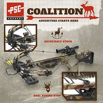 PSE ARCHERY Coalition Crossbow Package- Adjustable Stock- Dual String Stop- Up to 380 fps- 5 Bolt Quiver- Let Off 70% & More