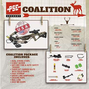 PSE ARCHERY Coalition Crossbow Package- Adjustable Stock- Dual String Stop- Up to 380 fps- 5 Bolt Quiver- Let Off 70% & More