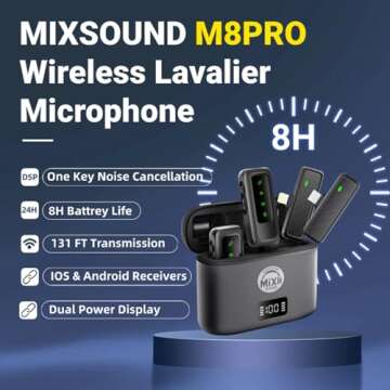 2 Pcs Wireless Lavalier Microphone for iPhone Android with Noise Cancellation and Charging Case 8H Clip on Mini Label Microphone for Vlog,Recording, Live Streaming, Interview, Podcast 131ft