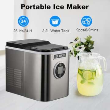 KOUDERA Countertop Ice Maker with 9 Bullet Ice, Portable Ice Maker with 26.5lb/24H, Self-Cleaning,with Ice Scoop and Basket, Suit for Home/Office/Bar/Party, Silver