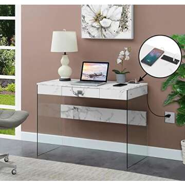 Convenience Concepts SoHo Glass Desk with Charging Station, 42", Faux White Marble