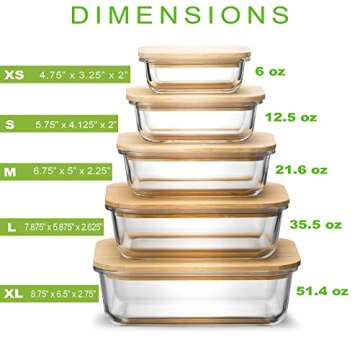 Glass Food Storage Containers with Bamboo Lids Eco-Friendly, set of 5, Airtight, Pantry Organization, Meal Prep Glass Containers. Plastic Free. BPA Free. Microwave Oven Dishwasher and Freezer Safe