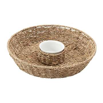 Creative Co-Op Hand-Woven Seagrass Basket with 6 oz. Ceramic Chip & Dip Bowl, Natural