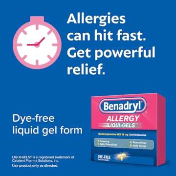 Benadryl Liqui-Gels Antihistamine Allergy Medicine & Cold Symptom Relief, Dye-Free Liquid Gels with 25 mg of Diphenhydramine HCl for Symptoms Such As, Runny Nose, Sneezing & More, 48 ct