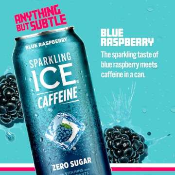 Sparkling Ice Caffeine Blue Raspberry Sparkling Water with Caffeine, Zero Sugar, with Antioxidants and Vitamins,16 fl oz Cans (Pack Of 12)