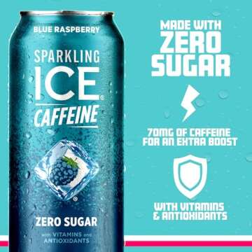 Sparkling Ice Caffeine Blue Raspberry Sparkling Water with Caffeine, Zero Sugar, with Antioxidants and Vitamins,16 fl oz Cans (Pack Of 12)