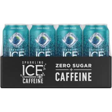 Sparkling Ice Caffeine Blue Raspberry Sparkling Water with Caffeine, Zero Sugar, with Antioxidants and Vitamins,16 fl oz Cans (Pack Of 12)