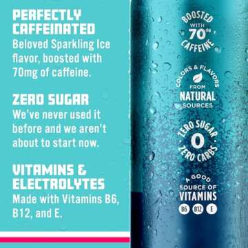 Sparkling Ice Caffeine Blue Raspberry Sparkling Water with Caffeine, Zero Sugar, with Antioxidants and Vitamins,16 fl oz Cans (Pack Of 12)