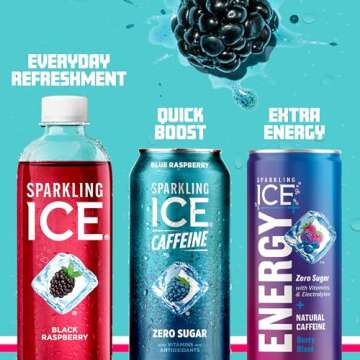 Sparkling Ice Caffeine Blue Raspberry Sparkling Water with Caffeine, Zero Sugar, with Antioxidants and Vitamins,16 fl oz Cans (Pack Of 12)