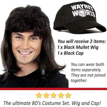 ALLAURA Wayne Wig with Wayne's Cap World Hat | Compatible with Wayne's World Wig and Hat | Mullet Costume Wigs For Men 80s Heavy Metal Rocker Wig 1980s Black Mullet Wig —80s Couples Halloween Costumes