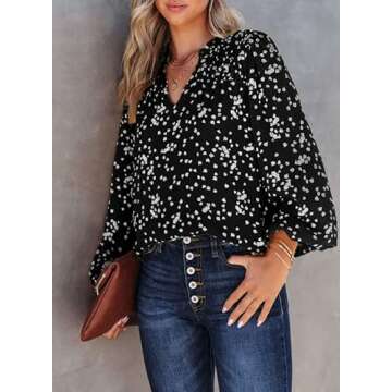 Dokotoo Womens Casual Alicia Flowy Print V Neck Smocked Long Sleeve Chiffon Blouses Tshirts Tops for Women 2024 Summer Trendy Work Business Boho Top Small Black