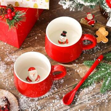 Uiifan 2 Sets 3D Christmas Coffee Mugs with Ceramic Spoon Santa Snowman Cups 13.5 oz Cute Hot Cocoa Mug Animal Inside Mugs Cartoon Ceramic Cup Christmas Gifts for Women Men Birthday Party Supplies