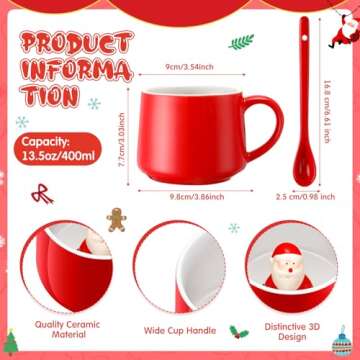 Uiifan 2 Sets 3D Christmas Coffee Mugs with Ceramic Spoon Santa Snowman Cups 13.5 oz Cute Hot Cocoa Mug Animal Inside Mugs Cartoon Ceramic Cup Christmas Gifts for Women Men Birthday Party Supplies