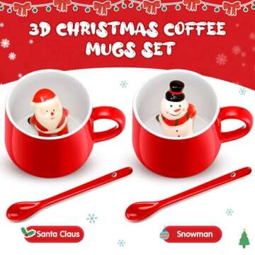 Uiifan 2 Sets 3D Christmas Coffee Mugs with Ceramic Spoon Santa Snowman Cups 13.5 oz Cute Hot Cocoa Mug Animal Inside Mugs Cartoon Ceramic Cup Christmas Gifts for Women Men Birthday Party Supplies