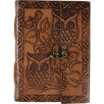 Owl Journal, Leather Owl Emboss Journal, Leather Journal for Men, Leather Journal for Women, 240 Pages Handmade Paper Journal, Leather Notebook, Leather Sketchbook (Vintage Brown, 7 x 5 Inch)