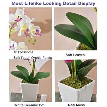 YSZL Faux Orchid in Vase Tall Artificial Orchid in Ceramic Vase Tall Silk Orchids with Stems Real Look Potted Fake Phalaenopsis Arrangement Centerpiece Table Decorations for Home Decor Indoor, White