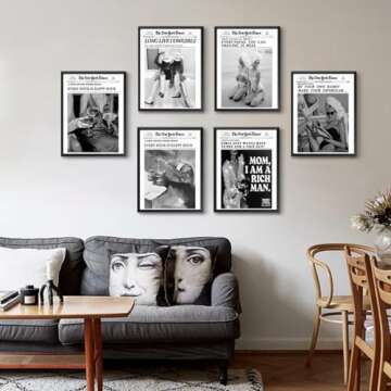 6 Pieces Stylish Wall Art Champagne Black and White New York News Poster Modern Preppy Humor Quote Printed Artwork Retro Music Picture Unframed Size: 8x10 inches