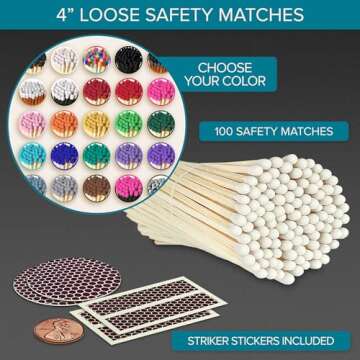 4" Matches in Color of Your Choice (100 Count, Striking Stickers Included) | Decorative Unique & Fun for Your Home, Gifts, Accessories & Events | Premium Long Wood Safety Matches by Thankful Greetings