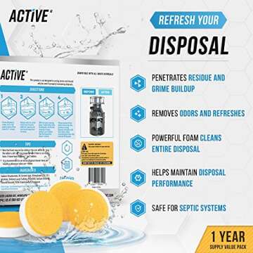 ACTIVE Garbage Disposal Cleaner Deodorizer Tablets 24 Pack - Fresh Citrus Foaming Scrub Sink and Disposer Freshener, Natural Kitchen Drain Cleaning Tablet - 1 Year Supply