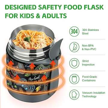 Pawtong 10oz Soup Thermo for Hot Food Kids Insulated Food Jar,Thermo Hot Food Lunch Container, Width Mouth Stainless Steel Lunch Box for Kids with Spoon (Black-Gamepad)